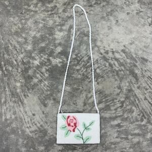 Vintage La Regale Beaded Purse Evening Bag Fringe White Floral Design Crossbody